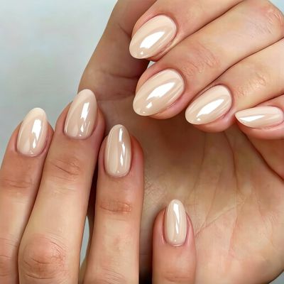 KQueenest Short Round Chrome Press-On Nails, Glossy Nude Gel Fake Nails, 32-Piece Set