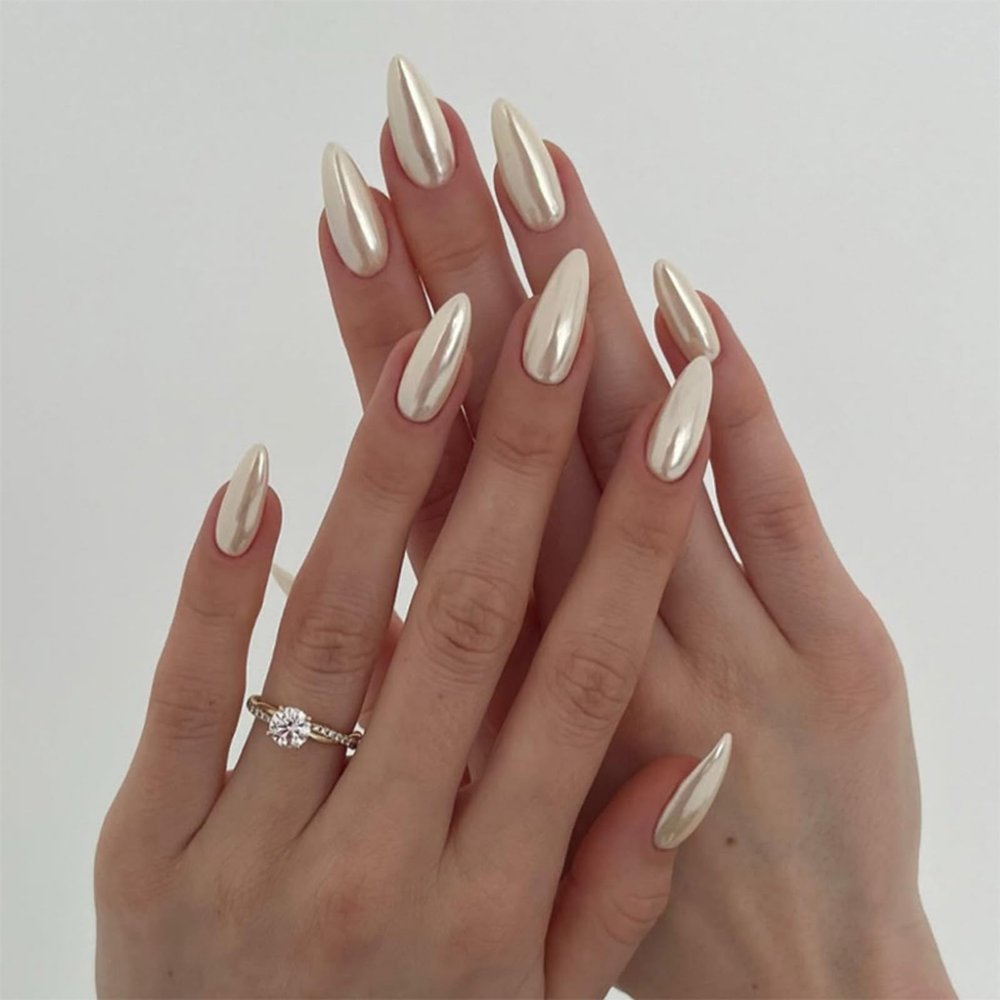 YUXITA Shiny Press-On Artificial Nails, 15 Sizes, 30 Pieces, French Style