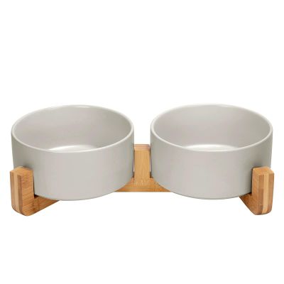 Pet Food and Water Bowl Set for Cats and Small Dogs with Wooden Stand, Leakproof Ceramic Bowls, Gray, Large