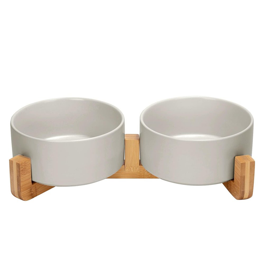 Pet Food and Water Bowl Set for Cats and Small Dogs with Wooden Stand, Leakproof Ceramic Bowls, Gray, Large