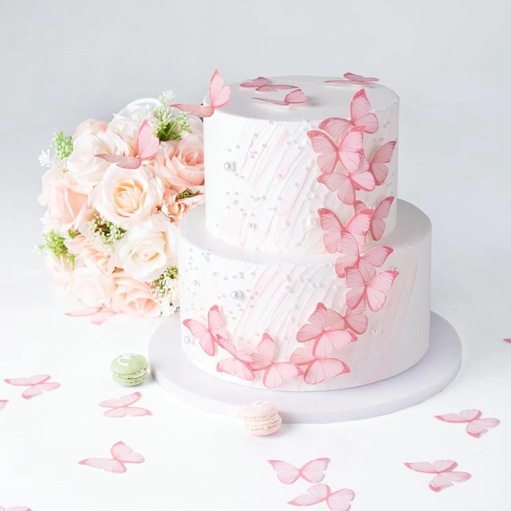 60 Edible Wafer Paper Butterfly Cupcake Toppers, Pink