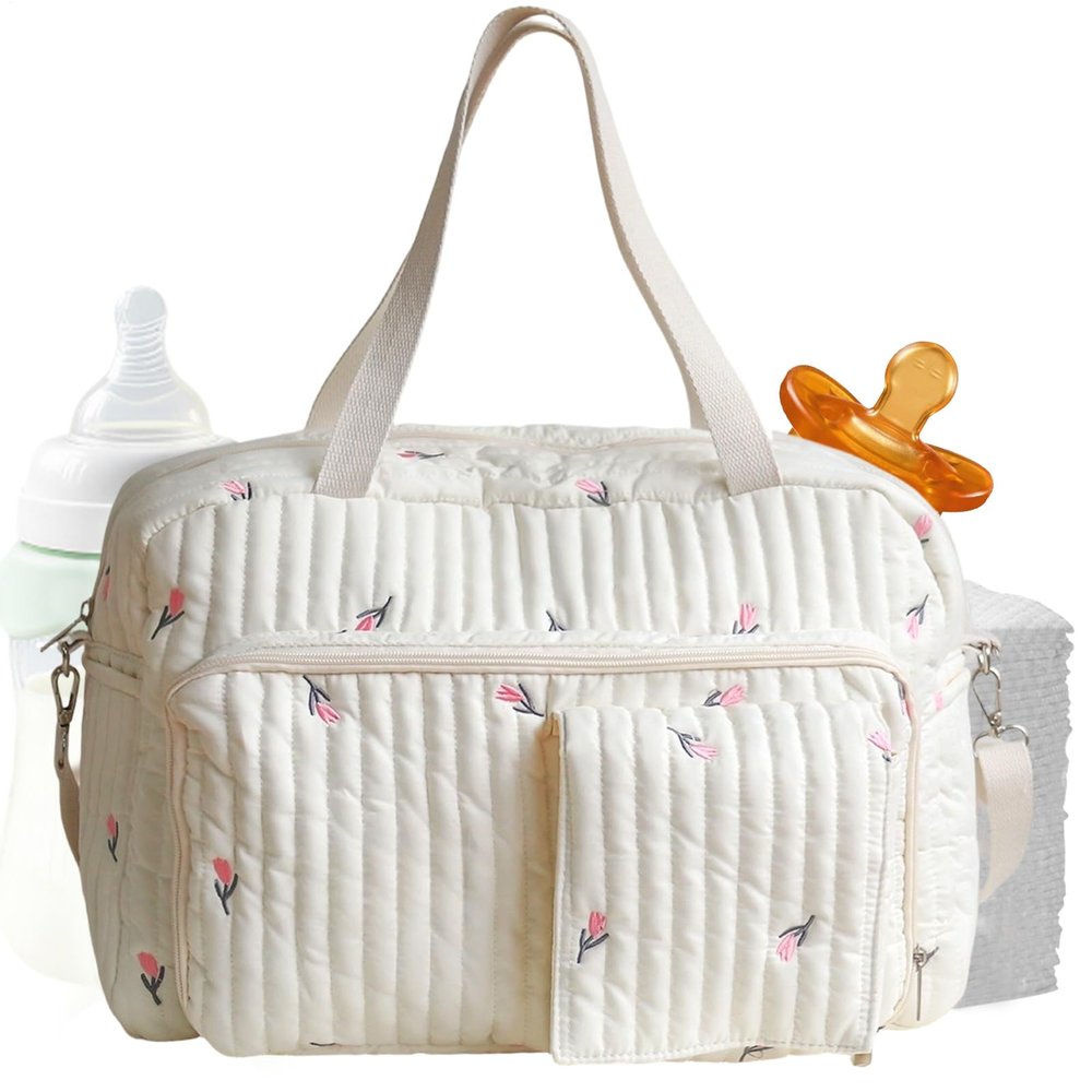 Large Tote-Style Diaper Bag with Floral Pattern