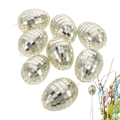 8 Silver Glitter Easter Eggs, Hanging Glass Eggs, 4 x 6 cm Mirror Disco Ball Easter Ornaments