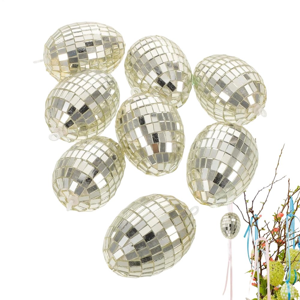 8 Silver Glitter Easter Eggs, Hanging Glass Eggs, 4 x 6 cm Mirror Disco Ball Easter Ornaments
