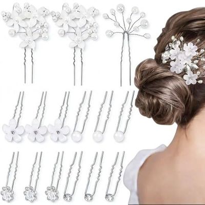 15-Piece Bridal Hair Accessories Set, U-Shaped Flower and Pearl Hairpins, Silver