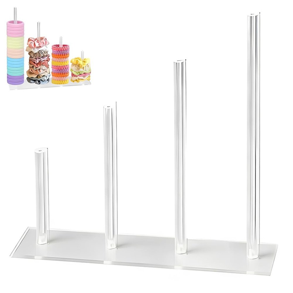 KRFWGUU Hair Tie Organizer, Acrylic Holder for Hair Clips and Accessories, Clear, with 4 Rods