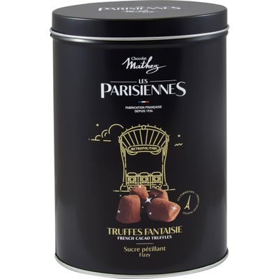 Mathez Les Parisiennes Cocoa Truffles with Popping Candy in a Small Metal Tin, France, incl. FeinWert E-Book (1 x 200 g)