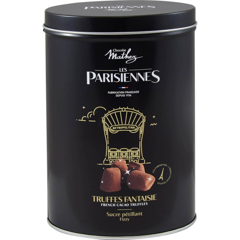 Mathez Les Parisiennes Cocoa Truffles with Popping Candy in a Small Metal Tin, France, incl. FeinWert E-Book (1 x 200 g)