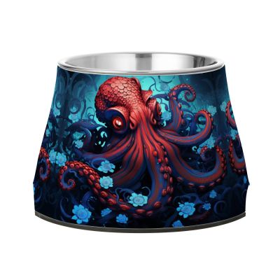 Red Octopus Blue Flower Stainless Steel Food and Water Bowls for Dogs and Puppies