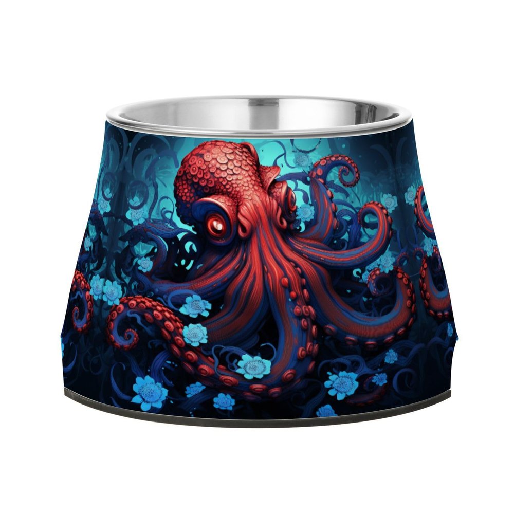 Red Octopus Blue Flower Stainless Steel Food and Water Bowls for Dogs and Puppies