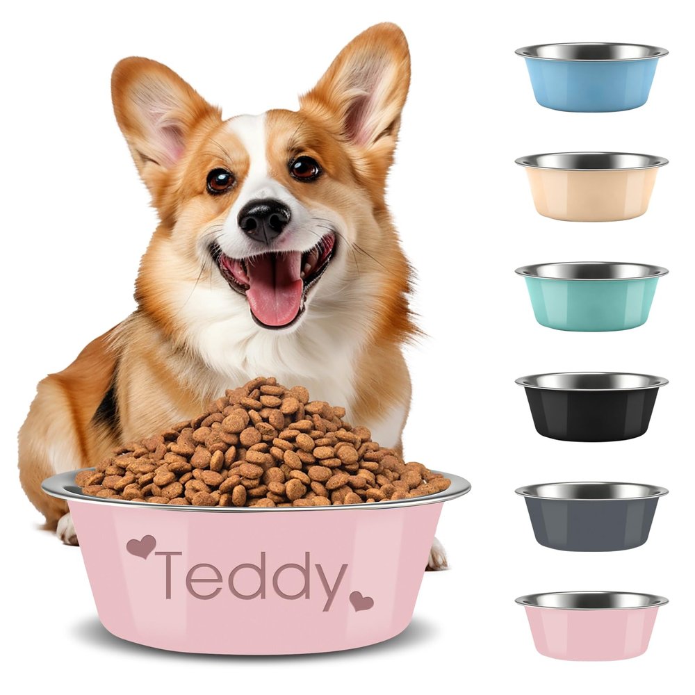 Personalized Dog Bowl - Engraved Stainless Steel Pet Feeder (Pink)