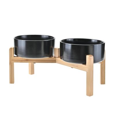 SPUNKYJUNKY Elevated Ceramic Dog Bowl with Bamboo Stand, 18.5 cm, 1,250 ml, Black