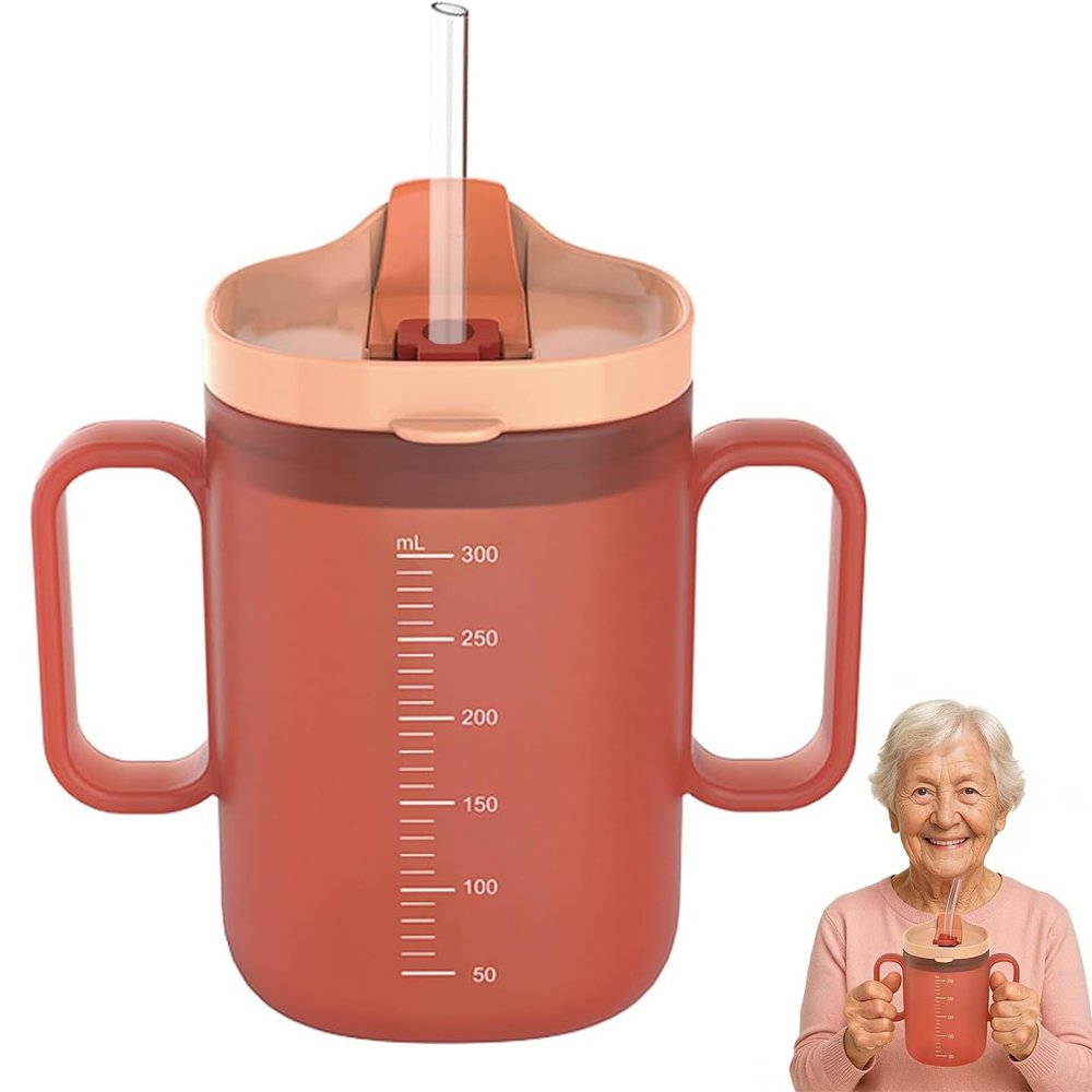 UxuoQxa Senior Spout Cup, Leakproof with Handles, Straw and Lid, 300 mL