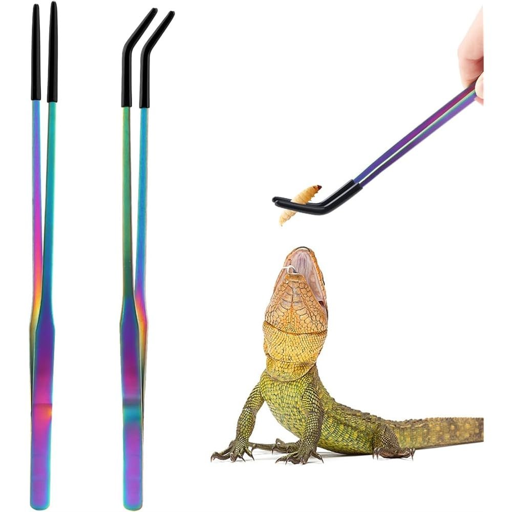 Padivine Stainless Steel Feeding Tongs for Reptiles (2 pcs) - 27 cm Long, Straight and Curved Tweezers for Aquariums and Craft Projects
