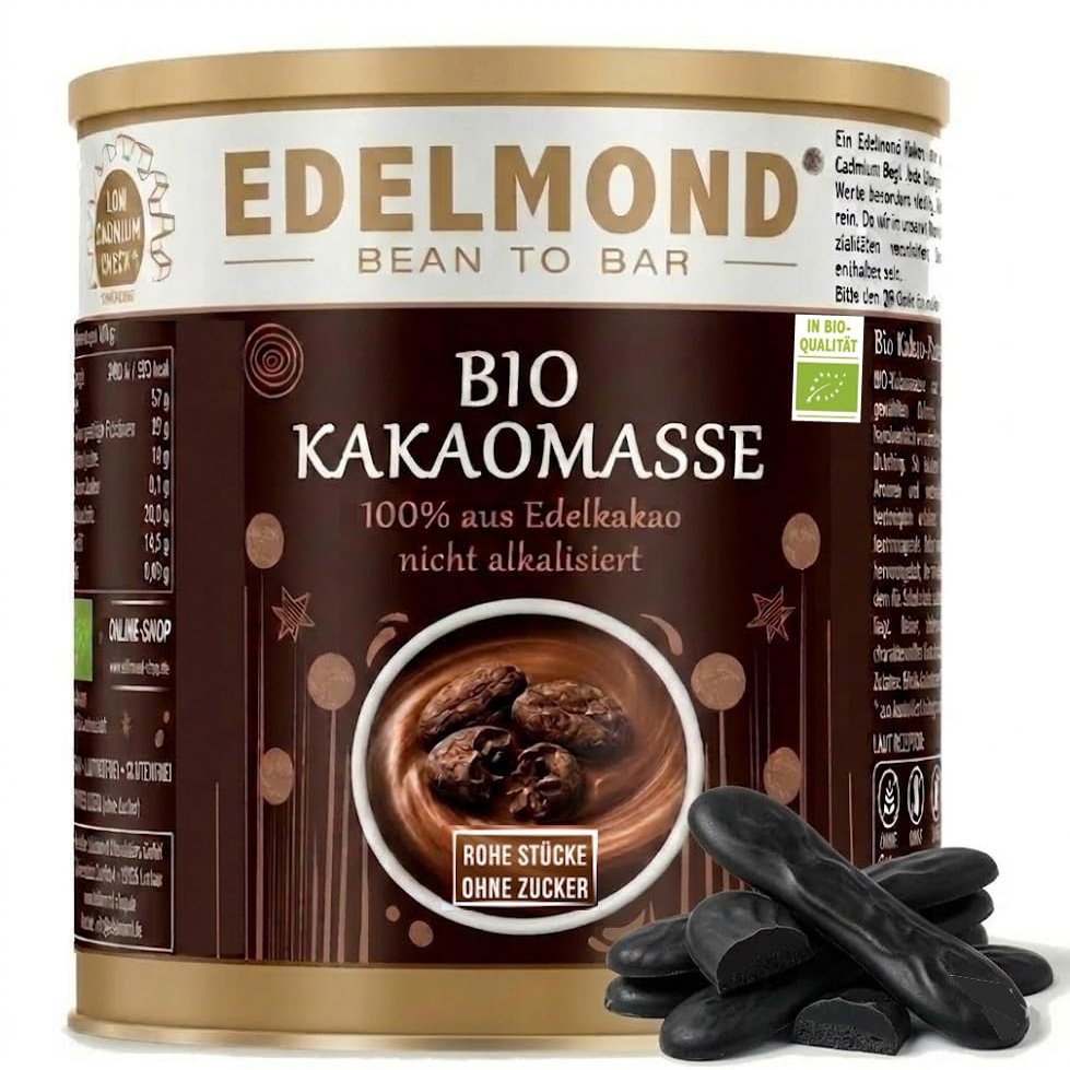 Edelmond Organic Cocoa Mass 200 g, Strips, 100% Pure, for Baking & Cooking
