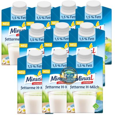 PUFAI Bundle Minus UHT Milk 1.5% Fat, 500 ml x 10 | Lactose-Free Low-Fat Milk | UHT & Shelf-Stable