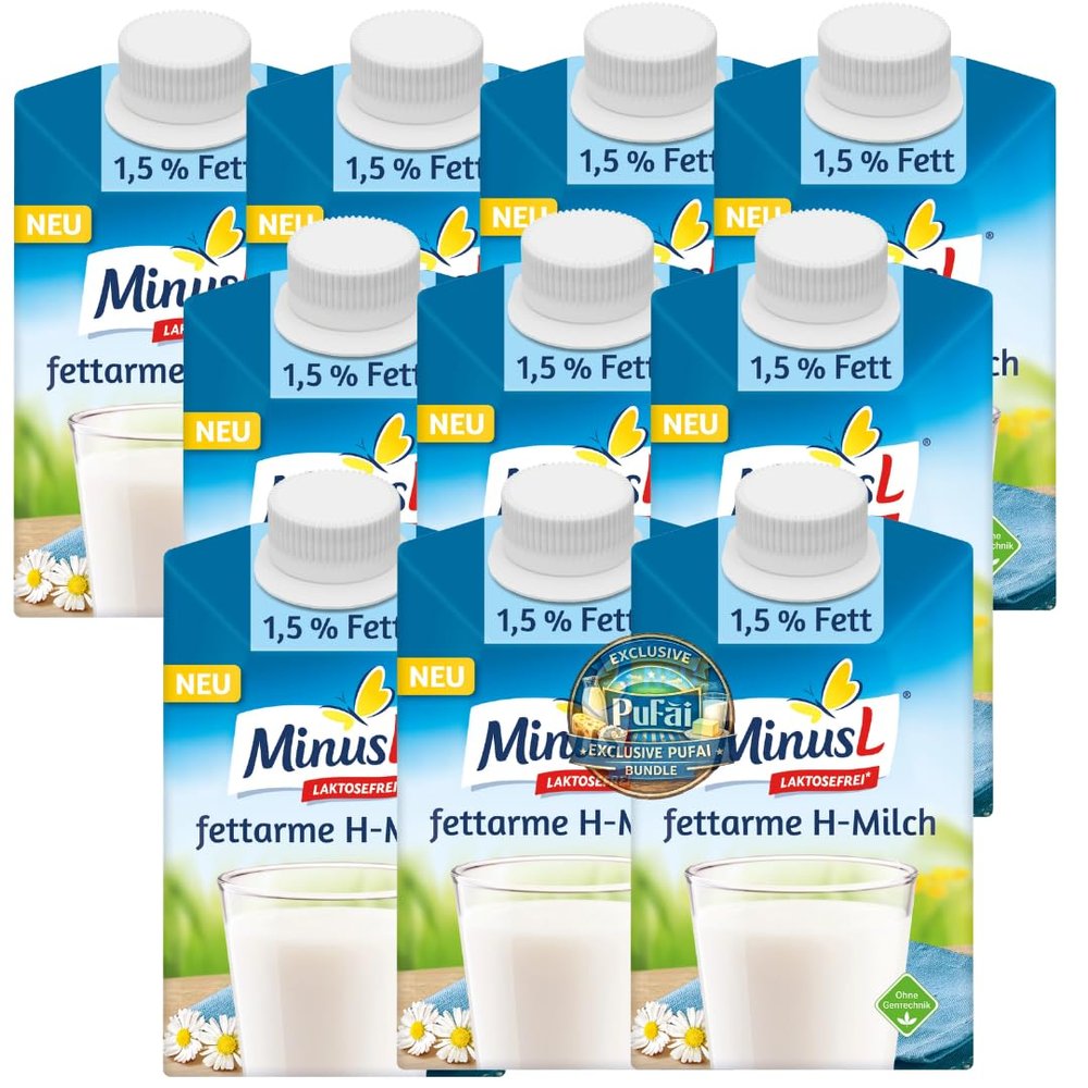 PUFAI Bundle Minus UHT Milk 1.5% Fat, 500 ml x 10 | Lactose-Free Low-Fat Milk | UHT & Shelf-Stable