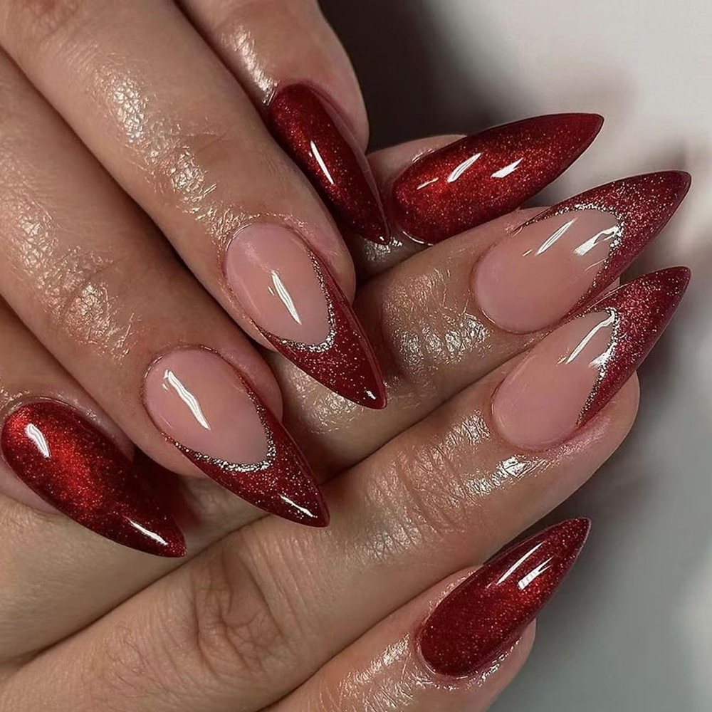 Friendly Glitters Ombre French Manicure Set, Reusable Glitter Fake Nails with Floral Patterns