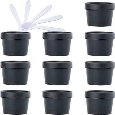 Cosmetic Jars, 10 Plastic Storage Containers with Inner Inserts, 1.7 oz, Black, with 5 Spatulas
