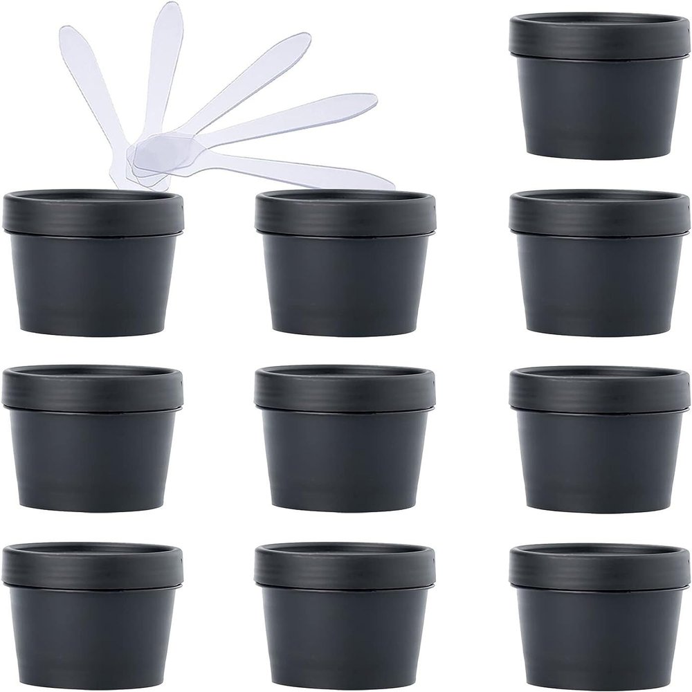 Cosmetic Jars, 10 Plastic Storage Containers with Inner Inserts, 1.7 oz, Black, with 5 Spatulas