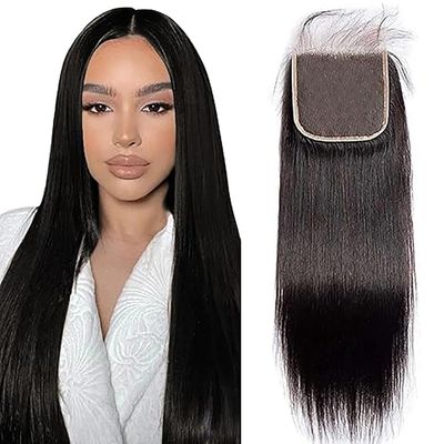 Weeybay Straight Human Hair 4x4 Lace Closure, Free Part, Pre-Bleached Knots, Natural Black #1B, 24 in