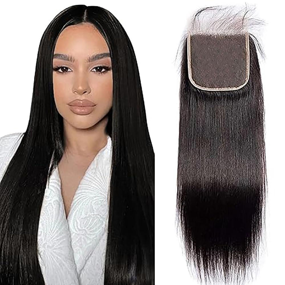 Weeybay Straight Human Hair 4x4 Lace Closure, Free Part, Pre-Bleached Knots, Natural Black #1B, 24 in