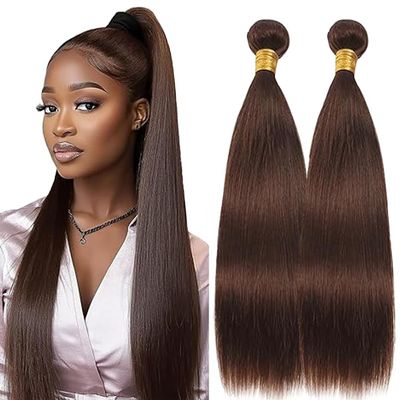 Lakaisa Straight Chocolate Brown Human Hair Weave Bundles, 2 x 16 in, Unprocessed Virgin Hair