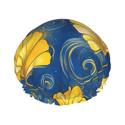 Golden Ginkgo Waves Waterproof Reusable Shower Cap for Women