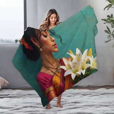 DRPZ Small Blanket, Woman in Traditional Clothing Holding White Lilies, Flannel Personalized Baby Blanket, 125 x 150 cm