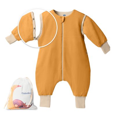Mababu Baby Sleeping Bag with Feet, 0.5 TOG, 100% GOTS Organic Cotton, Removable Sleeves, Fold-Over Cuffs, Caramel, 68/74