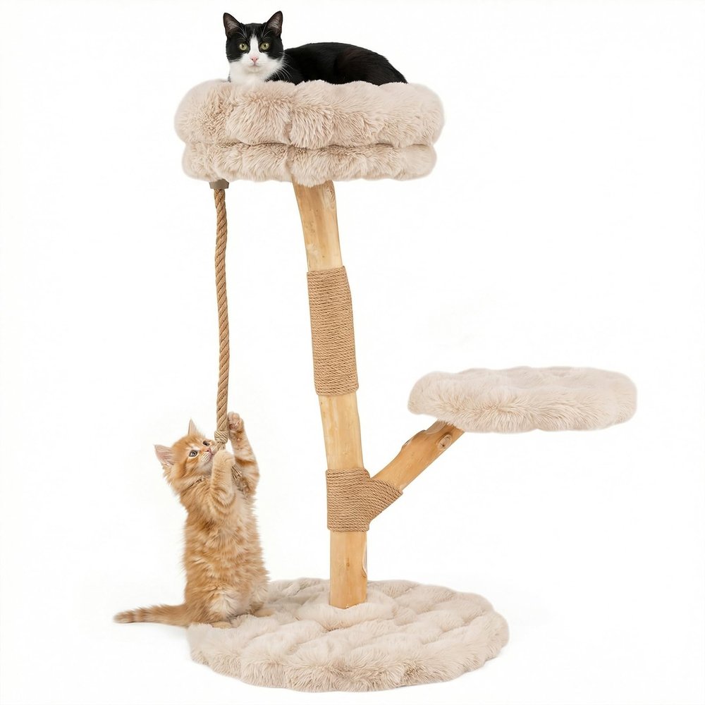 GOPLUS 90 cm Wooden Cat Tree with Jute Scratching Posts, Plush Perches and Rope, Beige