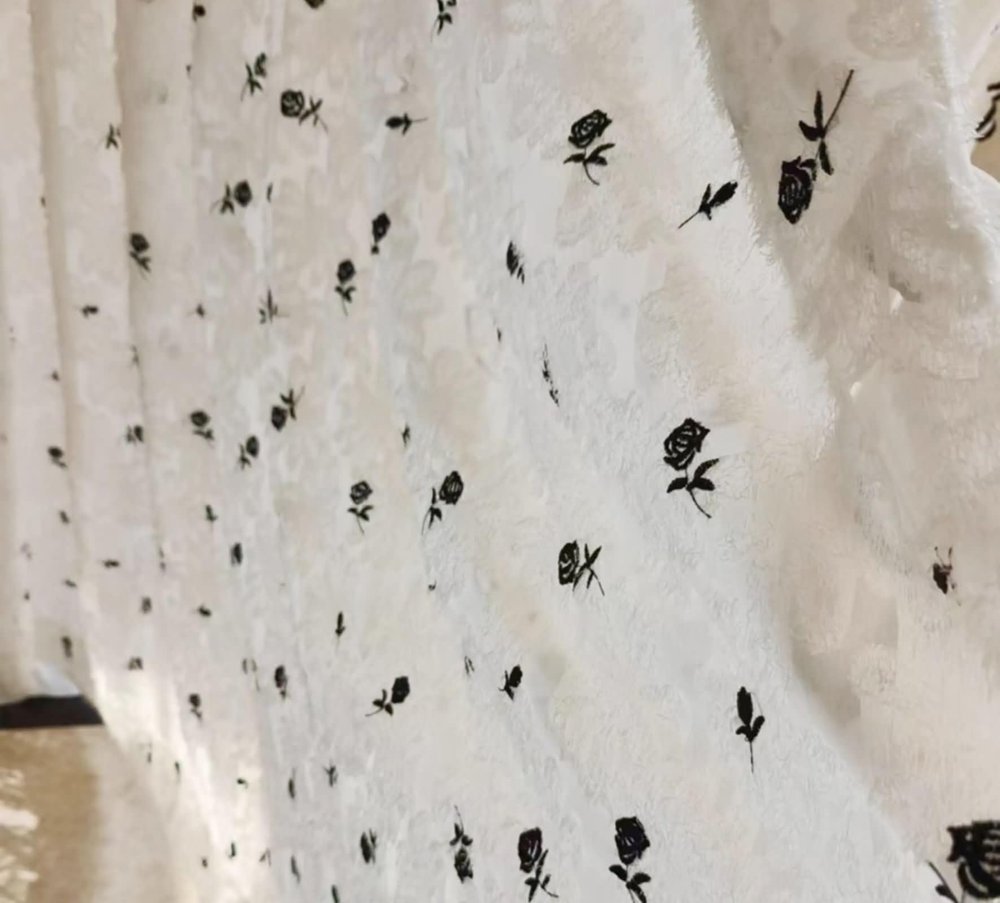 Lirzxin Tulle Curtains, 106 in Long, Sheer Curtains with Hooks, 2-Piece Set, White and Black Rose Floral Embroidery, 98 x 106 in (W x H)