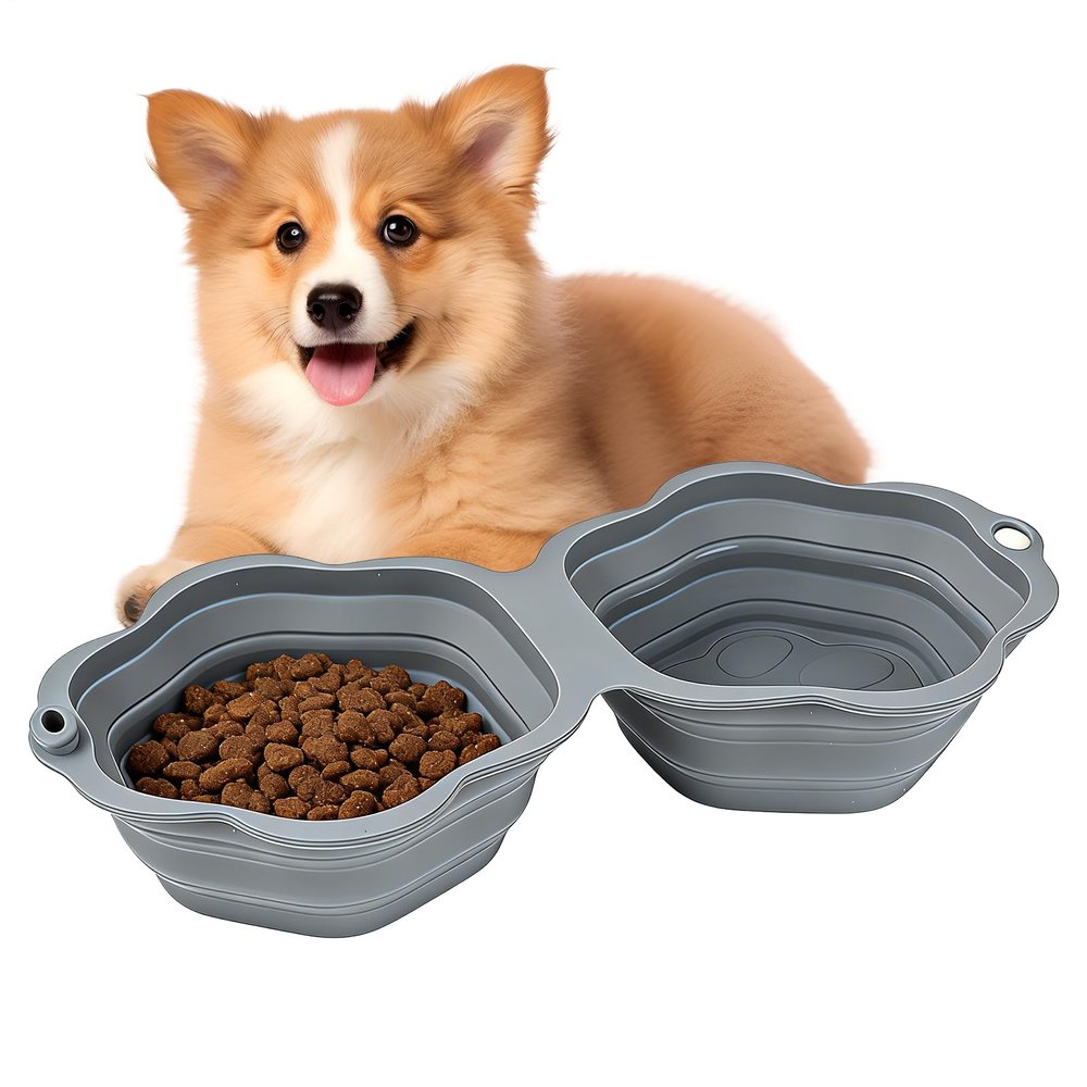 Portable Pet Bowl, 2 Compartments, Silicone, Foldable