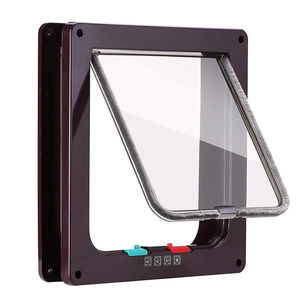 Large Cat Flap with 4-Way Lock, Weatherproof Pet Door for Walls and Doors, Brown
