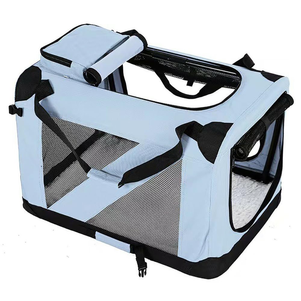Foldable Portable Dog Crate with Fleece Bed, 4 Mesh Doors, Sky Blue, L