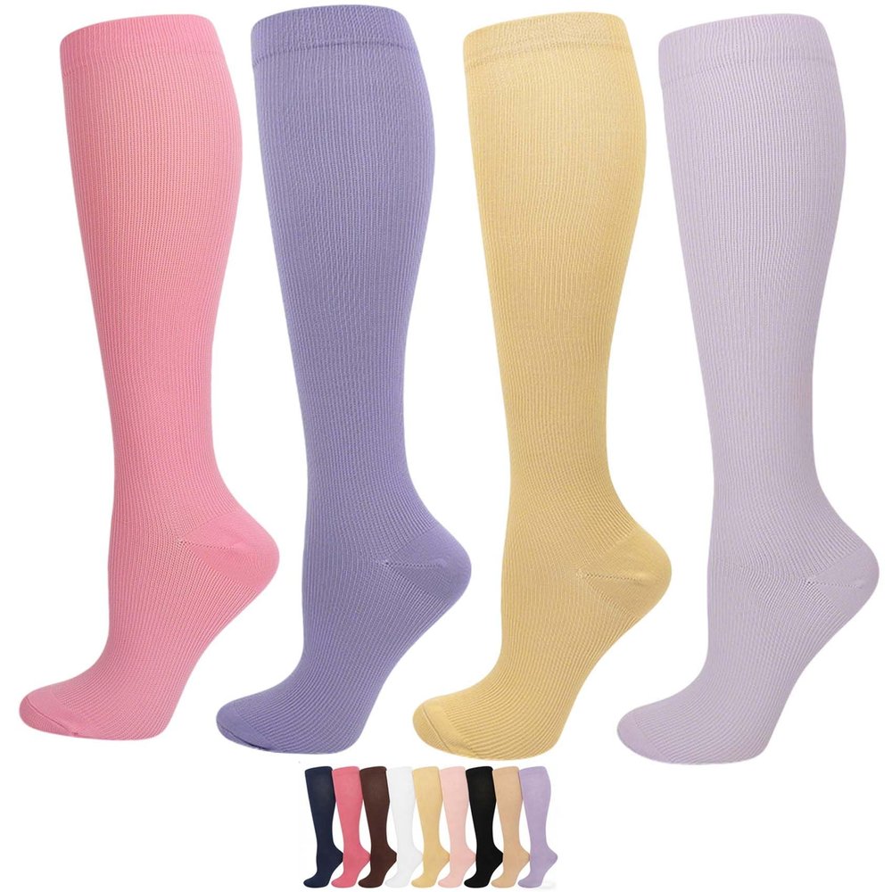 Leyof Mevery Women's Compression Socks, Classic Compression Socks for Women and Men, Thick-Calf Fit, Non-Slip Cuff, Breathable, for Everyday Use (4 Pairs, D, M)