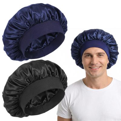 ValueBargain 2-Pack Adjustable Satin Bonnets for Men, Black & Navy Blue