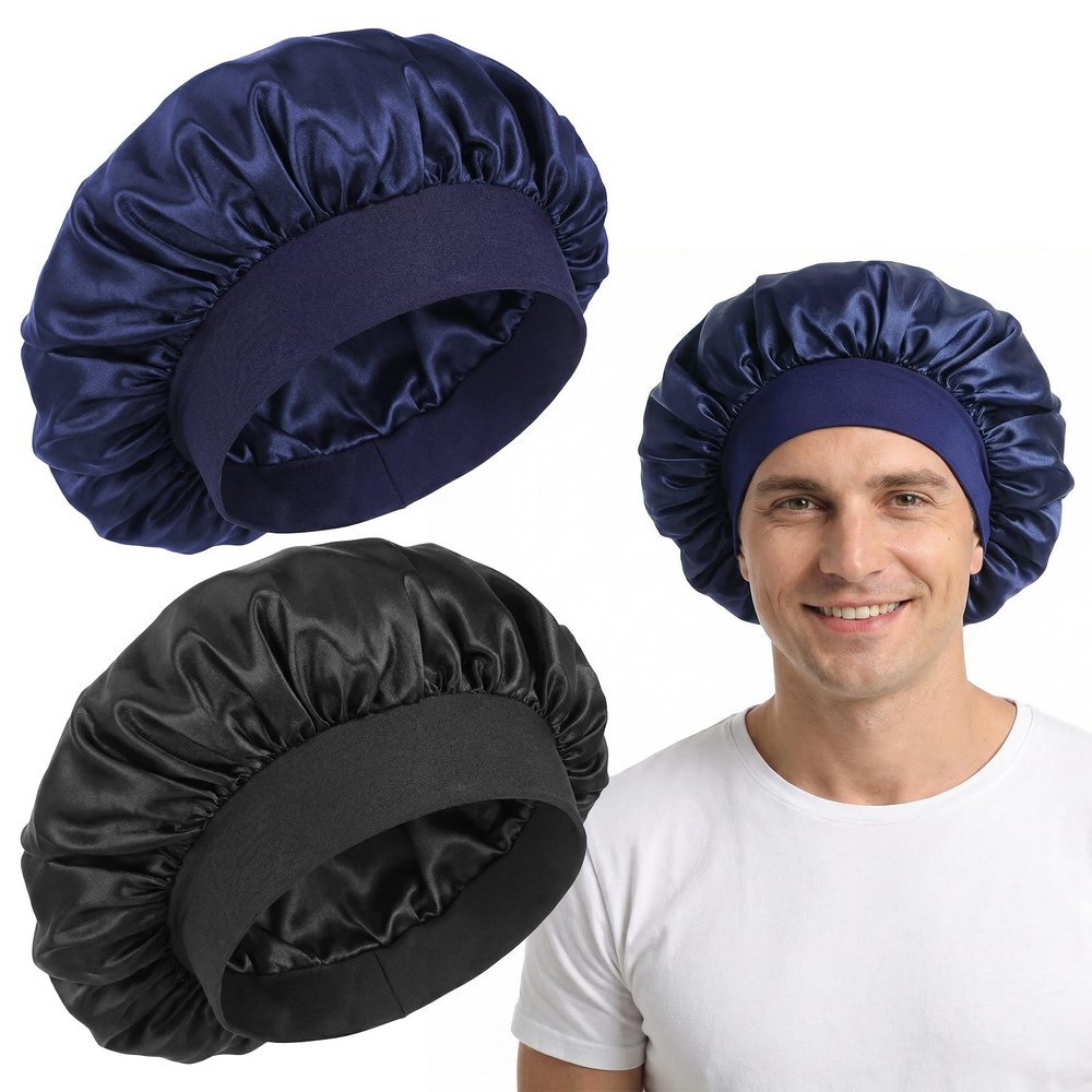 ValueBargain 2-Pack Adjustable Satin Bonnets for Men, Black & Navy Blue