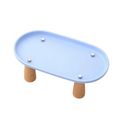 LeeQinersw Elevated Food Bowl Stand for Cats and Dogs, Oval Holder with Wooden Legs, Blue, 24 x 13 cm