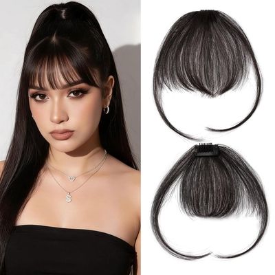 Benehair Clip-In Human Hair Ponytail, French Air Bangs, 14 g, Black Brown #2