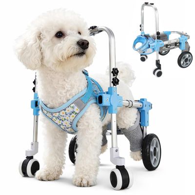 Adjustable Four-Wheel Dog Wheelchair, 4 Length Settings, Calf and Breathable Abdominal Support, Blue-L