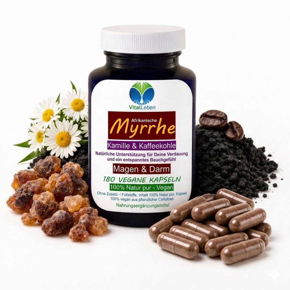 Myrrh, Chamomile & Coffee Charcoal Vegan 180 Capsules for Digestion and Gut Balance
