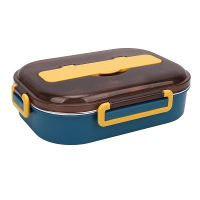 Tomantery Leakproof Stainless Steel Bento Box with 4 Compartments, 9.8 x 6.7 x 1.6 in, Large Lunch Box for School and Office, Microwave-Safe, Blue/Yellow