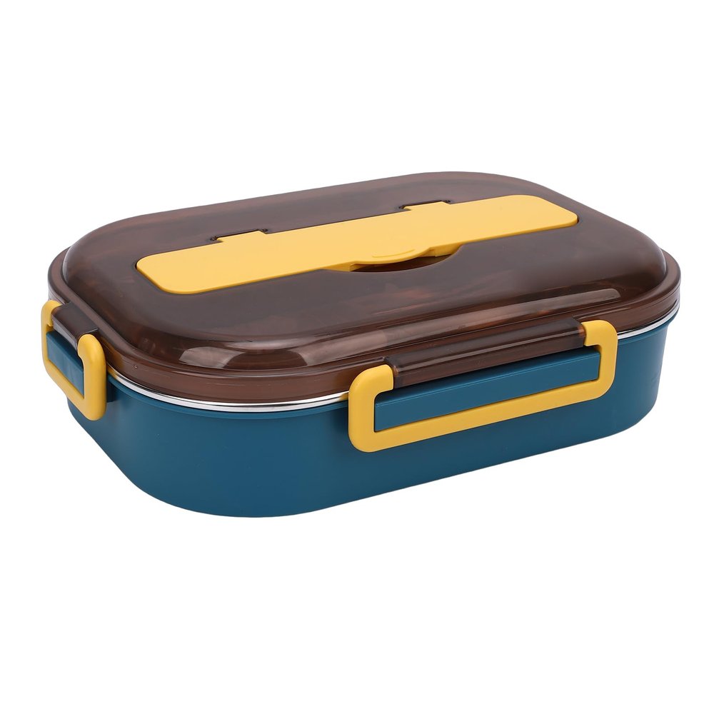 Tomantery Leakproof Stainless Steel Bento Box with 4 Compartments, 9.8 x 6.7 x 1.6 in, Large Lunch Box for School and Office, Microwave-Safe, Blue/Yellow