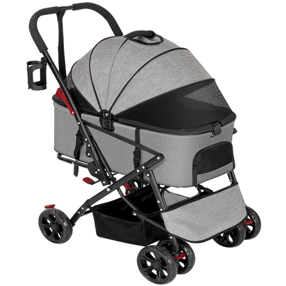 AZHKJKZH Foldable Pet Stroller with Storage Basket and Removable Carrier, Gray