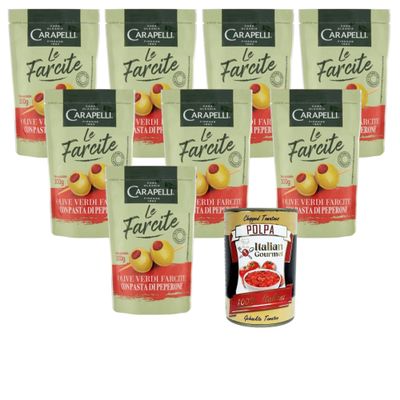 Italian Gourmet Carapelli Le Farcite Green Olives Stuffed with Pepper Paste, 8 x 170 g