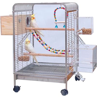 Luxury Stainless Steel Bird Cage with Transparent PC Panels, Easy-to-Assemble Aviary Nesting Box for Small Birds (Silver)