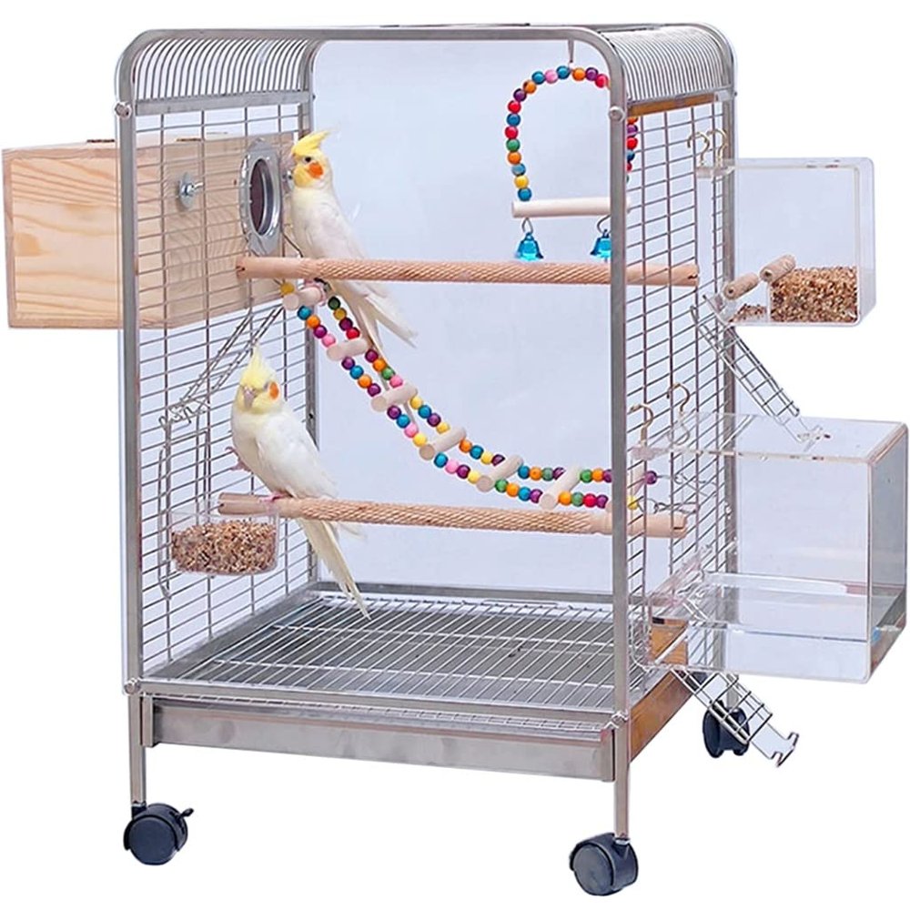 Luxury Stainless Steel Bird Cage with Transparent PC Panels, Easy-to-Assemble Aviary Nesting Box for Small Birds (Silver)