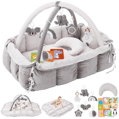 BOBYS 5-in-1 Baby Play Gym with Baby Nest, Play Mat, Toys, Playpen & Ball Pit, Gray