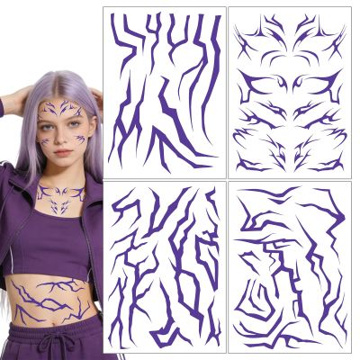 4 Sheets Demon Energy Pattern Temporary Tattoos - Purple Lightning Design